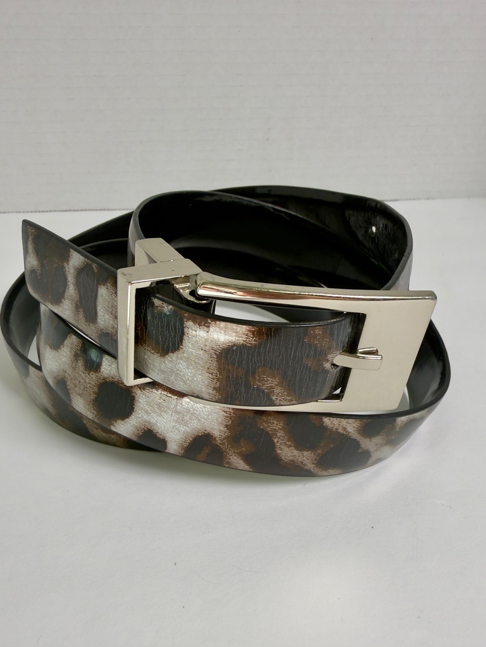 Woman’s Leopard Print Leather Belt - Black/Brown Sz L